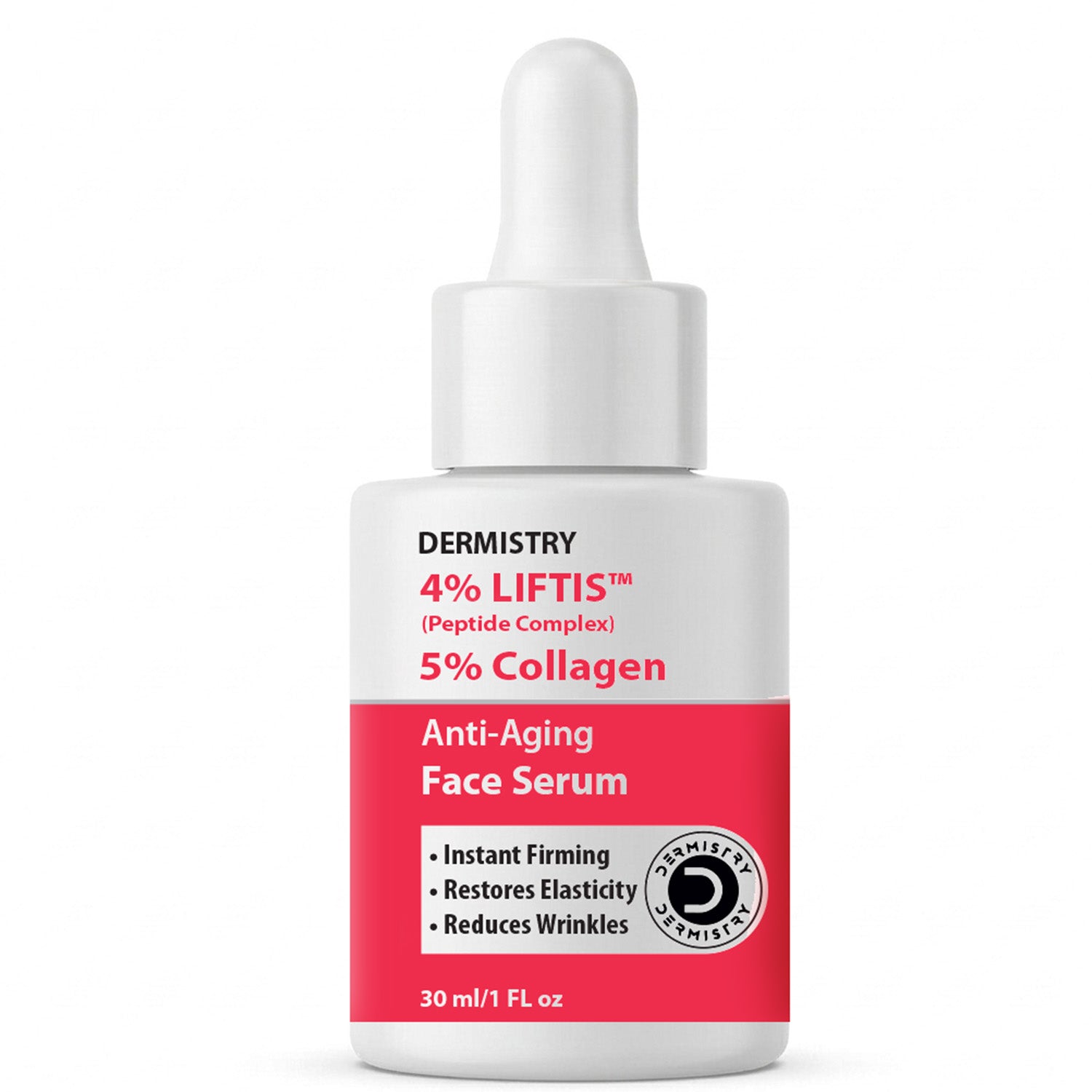 A bottle of Dermistry 4% Liftis Face Serum with a white dropper cap and a label featuring a bright pink lower section and white upper section.